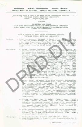 Surat Keputusan Kepala Kantor Wilayah Badan Pertanahan Nasional Provinsi DIY. No : 010/SK / HP / ...