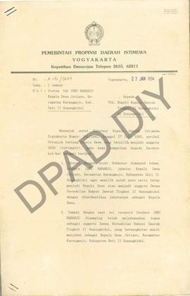 Surat dari Sekretaris Daerah Yogyakarta, Drs. Suprastowo kepada Bupati Gunungkidul tentang status...