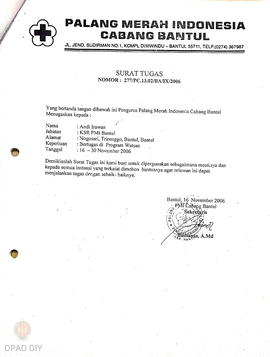Surat otorisasi/bukti pembayaran perdiem 18 relawan bidang sanitasi air PMI cabang bantul periode...