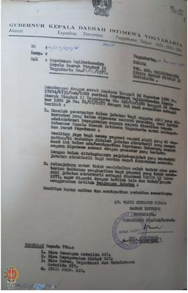Surat dari Walikotamadya Yogyakarta kepada Gubernur DIY tentang     keputusan Walikotamadya Yogya...