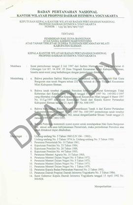 Surat Keputusan Kepala Kantor Wilayah Badan Pertanahan Nasional Provinsi DIY. No :160 /SK / HGB /...