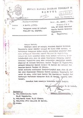 Surat dari Bupati Kepala  Dati II Tingkat II Bantul No. 4833/ Bap.01/ 365/ 1983 tanggal 11 April ...