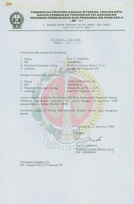 Berkas surat perihal penugasan Heru Setiawan, SH dengan jabatan staf BP-7 Daerah Istimewa Yogyaka...