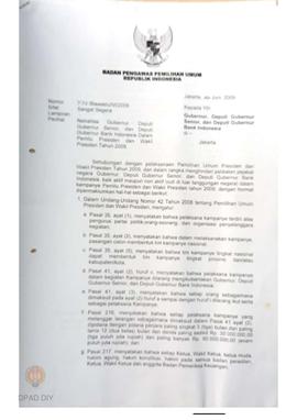 Surat dari Badan Pengawas Pemilihan Umum Republik Indonesia kepada Gubernur, Deputi Gubernur Seni...