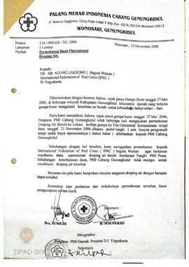 Surat Ketua PMI cabang Gunungkidul kepada IFRC Bagian Watsan tentang permohonan dana operasional ...