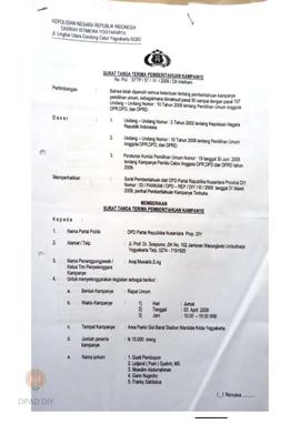 Surat dari  DPD Partai Republikan kepada Ketua  Panwaslu Provinsi Daerah Istimewa Yogyakarta peri...