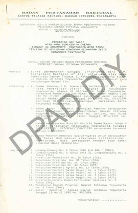 Surat Keputusan Kepala Kantor Wilayah Badan Pertanahan Nasional Provinsi DIY. No : 739/SK/ HP/  B...