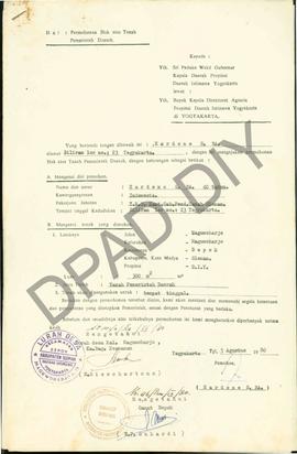 Surat Permohonan Hardono S, B.A. Kepada Sri Paduka Wakil Gubernur DIY lewat Kepala Direkturat Agr...