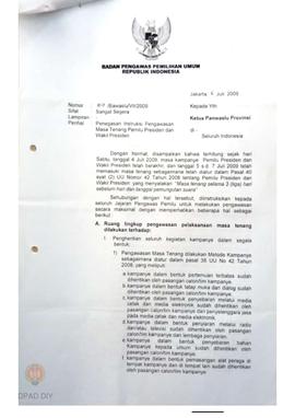 Surat dari Badan Pengawas Pemilihan Umum RI untuk Ketua  Panwaslu Provinsi tentang penegasan inst...
