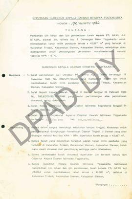 Surat Keputusan Gubernur Kepala DIY No. 172/Idz/KPTS/1986 tentang pemberian ijin lokasi dan ijin ...
