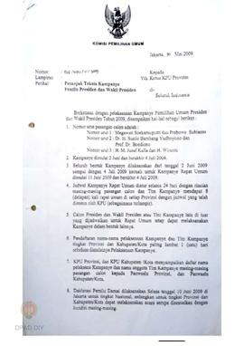 Surat dari KPU perihal petunjuk teknis kampanye Pemilu   Presiden dan Wakil Presiden Tahun 2009.