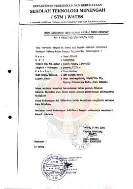 Surat Keterangan Belum Pernah Dikenai Hukum Disiplin dari Kepala Sekolah STM Wates Yogyakarta Nom...