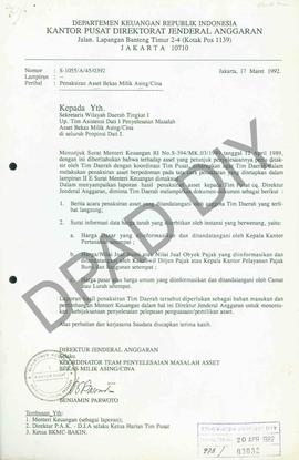 Surat dari Dirjen Anggaran Departemen Keuangan, Benjamin Parwoto kepada Tim Assisten I penyelesai...