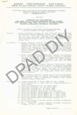 Surat Keputusan Kepala Kantor Wilayah Badan Pertanahan Nasional Provinsi DIY. No : 734/SK / HGB /...