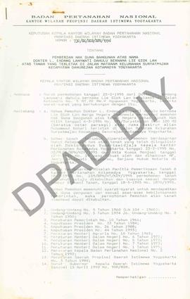 Surat Keputusan Kepala Kantor Wilayah Badan Pertanahan Nasional Provinsi DIY. No : 738/SK / HGB /...
