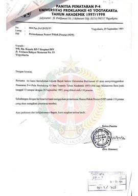 Surat dari Ketua Panitia Penataran P-4 Universitas Proklamasi 45 Yogyakarta Tahun Akademik 1997/1...