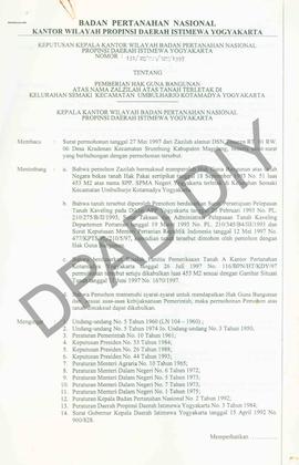 Surat Keputusan Kepala Kantor Wilayah Badan Pertanahan Nasional Provinsi DIY. No : 131 /SK / HGB ...