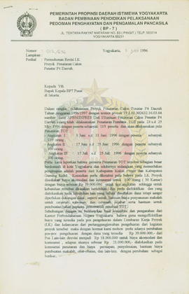 Surat dari Kepala BP-7 Provinsi Daerah Istimewa Yogyakarta kepada Kepala BP-7 Pusat perihal permo...