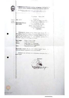 Surat dari Sekretariat DPRD DIY kepada Ketua  Panwaslu DIY tentang permohonan narasumber dalam ra...