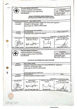 Surat otorisasi/bukti pembayaran perdiem relawan bidang tonsos PMI Yogyakarta periode 16-30 Novem...