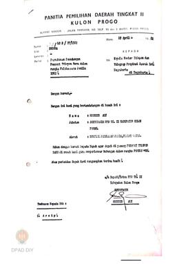 Surat dari Bupati/ketua PPD II Kabupaten Kulon Progo No. 72/LC.2/IV/1982 tanggal 19 April 1982 ke...