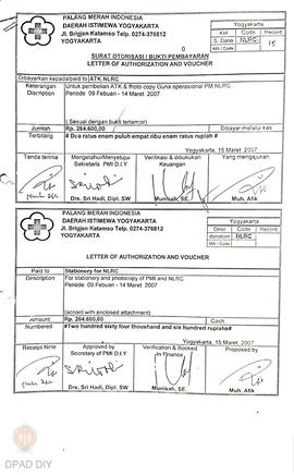 Surat otorisasi atau bukti pembayaran untuk pembelian ATK operasional NLRC Februari s.d. Juli 200...