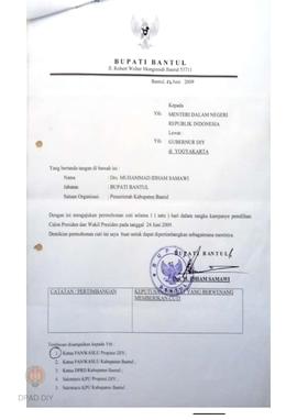 Surat dari Bupati Bantul kepada Ketua  Panwaslu Provinsi DIY perihal  permohonan cuti  Bupati Ban...
