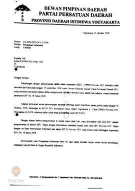 Surat  dari DPD Partai Persatuan Daerah kepada Panwaslu perihal pengaduan keberatan tentang dafta...