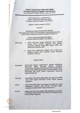 Surat Keputusan Sekretaris Panitia Pengawas Pemilihan Umum Provinsi DIY No : 06 / Sek – Panwaslu ...