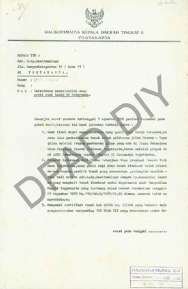 Surat Walikodya Yogyakarta, Djatmiko kepada R. Ng. Sastrowilogo tentang penyelesaian uang ganti r...