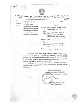 Surat dari Gubernur DIY no. K. 2/ i.8/ 6214/ 77 tanggal 15 Oktober 1977 kepada Menteri Tenaga Ker...