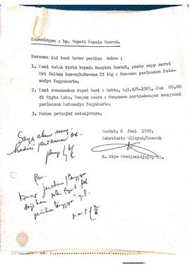 Surat undangan dari Bupati Kepala  Daerah Tingkat II Bantul No. 005/1989 tanggal 6 Juni 1985 kepa...