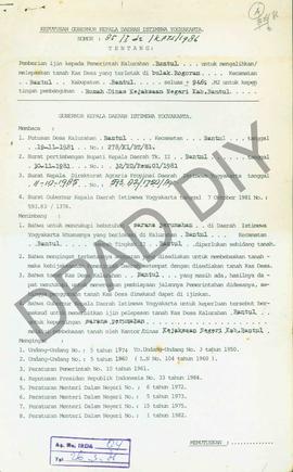 Surat Keputusan Gubernur DIY No. 85/Id2/KPTS/1986 tentang pemberian ijin kepada Pemerintah Kalura...
