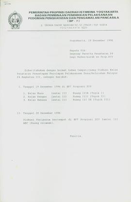 Surat dari Kepala BP-7 Daerah Istimewa Yogyakarta kepada Peserta Penataran P-4 bagi Kepala Desa/L...
