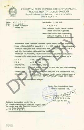 Surat dari Kepala  Biro Pemerintah Desa Setwilda Propinsi DIY, Suryanto, SH kepada Biro Kepegawai...