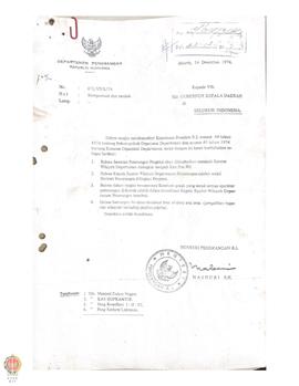 Surat Menteri Penerangan RI nomor 672/SP/K/74 perihal reorganisasi dan mutasi bahwa Jawatan Pener...