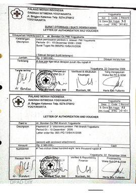 Surat otorisasi/bukti pembayaran perdiem 3 relawan PMI Yogyakarta periode 1 s.d 15 Desember 2006 ...