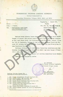 Surat Sekretaris Wilayah Daerah DIY kepada Kepala Perjanka PERUM KA Kantor Pusat Bandung tentang ...