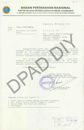 Surat dari Kepala  Kantor Wilayah Badan Pertanahan Nasional Propinsi DIY Sukiman, BA kepada Kepal...