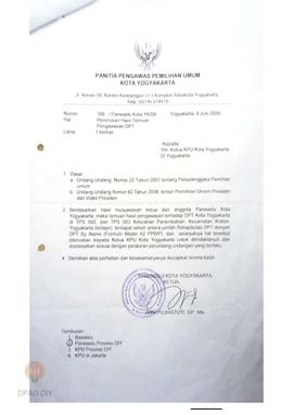 Surat  dari Panwaslu Kota Yogyakarta kepada Ketua  Panwaslu Provinsi DIY tentang penelusuran hasi...