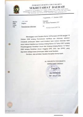 Surat dari Sekda Kota Yogyakarta No. 270 / 4199 kepada Panwaslu DIY tentang Permohonan Informasi ...