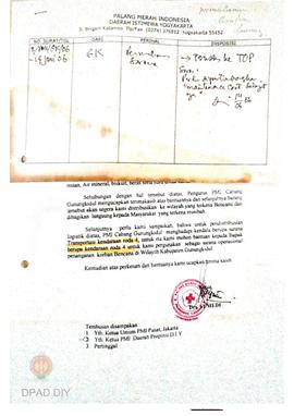 Surat PMI cabang Klaten  kepada Bapak I Gede Sidarta Deputi Operasional PMI Penanganan Bencana Al...
