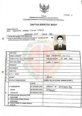 Daftar Riwayat Hidup Calon Peserta Penataran P-4 tahun 1998 atas nama Budi Suryanto, SH, S.Sos da...