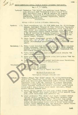 Surat Keputusan Kepala Daerah DIY, no. 292/1973 tanggal 28 Juli 1973 tentang pemberian Hak Milik ...