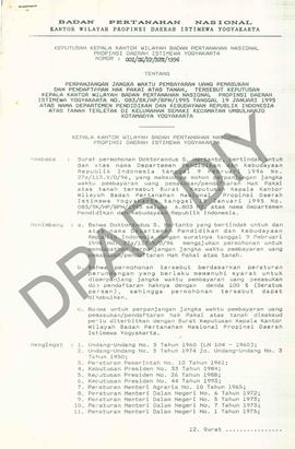 Surat Keputusan Kepala Kantor Wilayah Badan Pertanahan Nasional Provinsi DIY. No : 002/SK / HP / ...