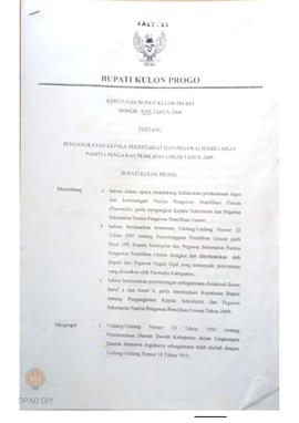 Keputusan Bupati Kulon Progo No : 535 Tahun 2008 tentang Pengangkatan Kepala Sekretariat Panitia ...