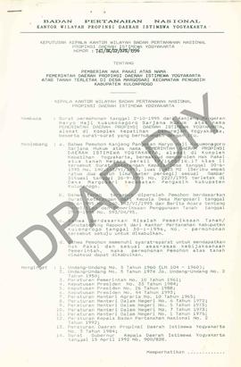 Surat Keputusan Kepala   Kantor Wilayah Badan Pertanahan Nasional Provinsi DIY. No :747/SK / HP /...