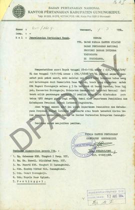 Surat dari Kepala  Kantor Pertanahan Kabupaten  Gunungkidul, Drs. Suharwijono kepada Kepala  Kant...