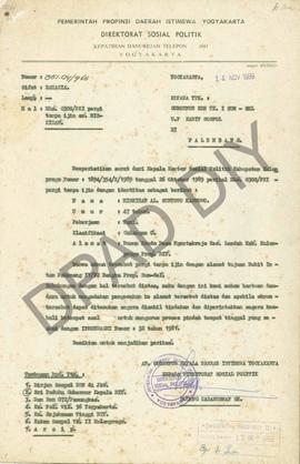 Surat dari Gubernur Kepala Daerah Istimewa Yogyakarta, atas nama, Kepala Direktorat Sosial Politi...