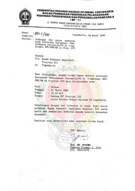 Surat dari Kepala BP-7 kepada Kepala Kantor Wilayah Departemen Pendidikan dan Pembudayaan Provins...